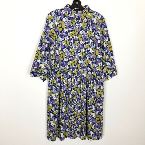 Lands End Floral Button Up Midi Dress Sz 12 3/4 Sleeve Cottagecore Summer - Picture 1 of 8